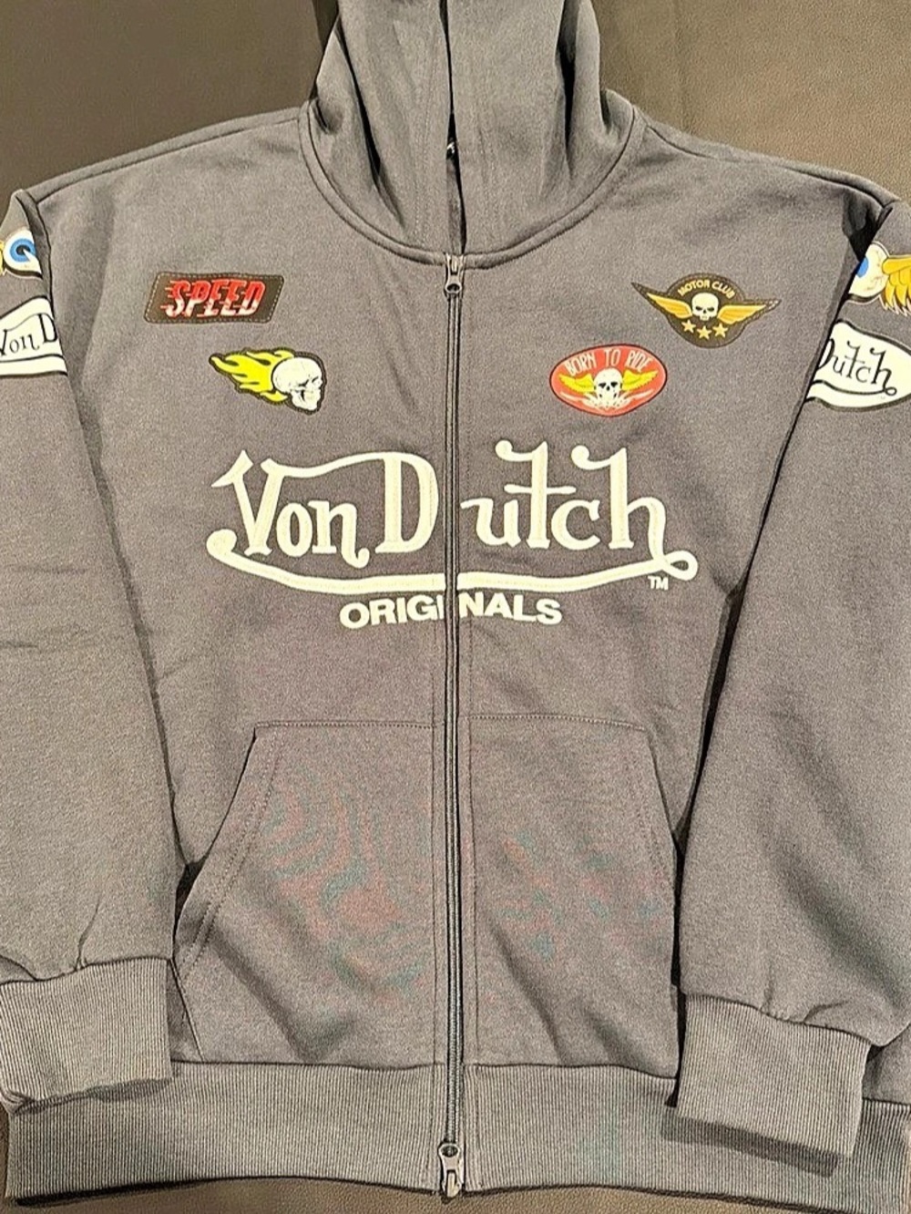 Von Dutch "Born To Ride" Eye Ball Logos Full Zip Fleece Gray Hoodie Men’s Size M